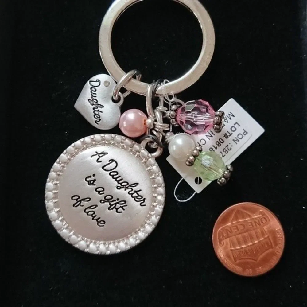 Silvertone “A daughter is a gift of love” keychain heart and bead dangles
